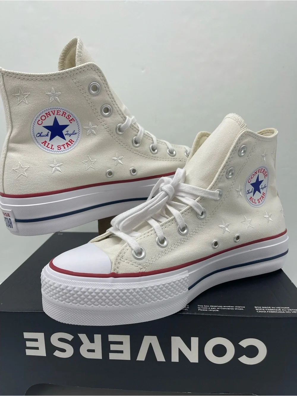 Converse A15538C WMNS Sz 8.5 CTAS LIT HI VINTAGE WHITE/RED/NAVY Platform Sneaker